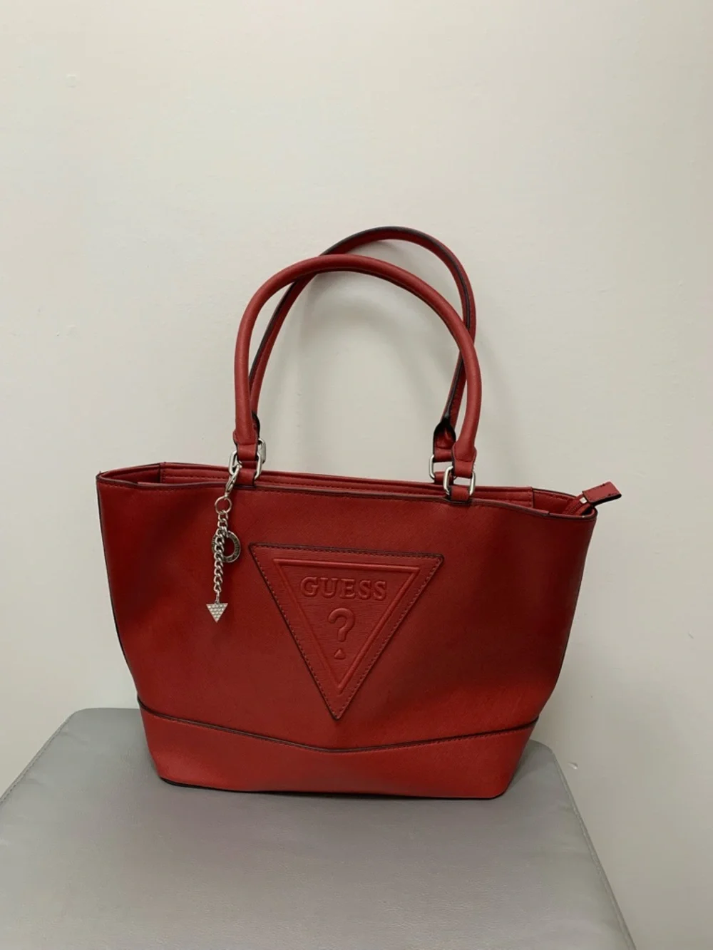 GUESS Red Embossed Triangle Logo Tote - Picture 1 of 3